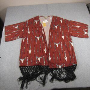 Red River Kimono Sheer Fringe Embroidered XL Red Rust‎
